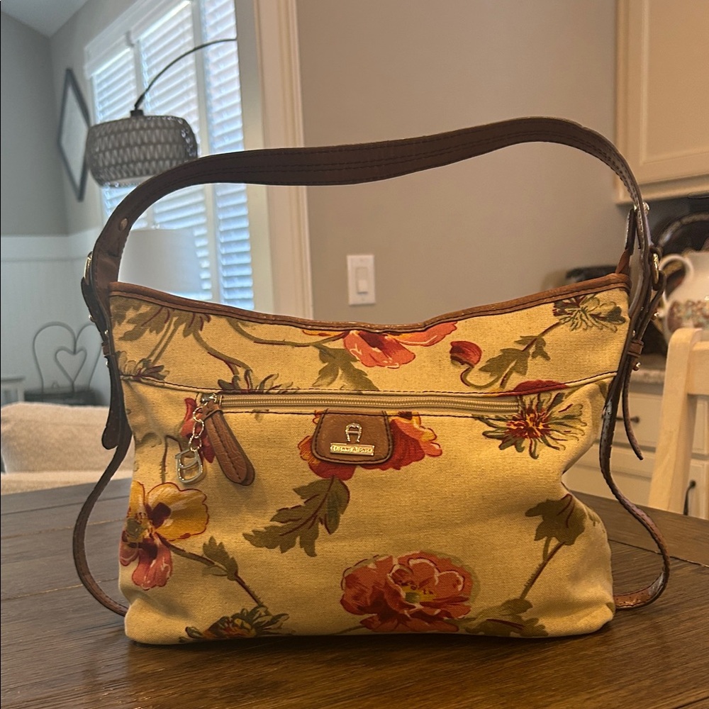 Etienne Aigner Floral Canvas Shoulder Bag with Brown Accents